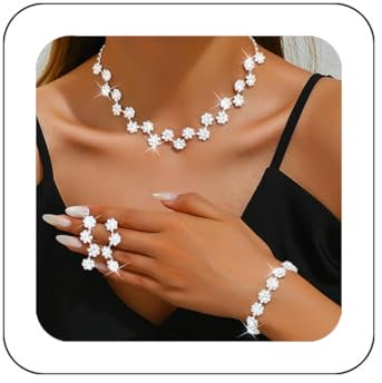 Zoestar Braut Schmuck Set Silber Strass Halskette Set Blume Kristall Modeschmuck für Damen (Silber, Einheitsgröße)