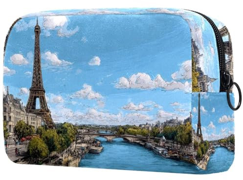 Borsa per cosmetici da donna, con stampa della Torre Eiffer, con immagine di Seine River e paesaggio urbano, borsa da viaggio grande, con cerniera