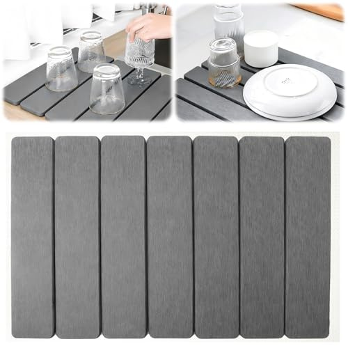 Alfombrilla de secado rápido para cocina, 40 x 30 cm, de tierra de diatomea, absorbente de agua, alfombrilla de secado rápido para cocina, plegable, para platos y tazas, gris oscuro
