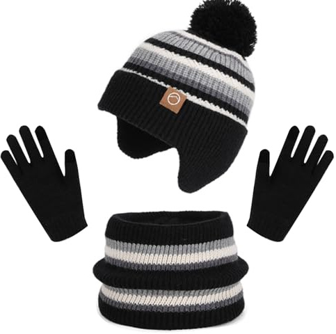 Tiakay Kids Winter Beanie Hat Scarf Gloves Set,All-in-One Winter Hat with Ear Flaps and Fleece Lined Neck Warmer for Children 4-10 Years, Cold Weather Essentials(Black,One Size)