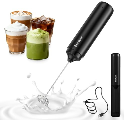 MERTTURM Recargable Espumador de Leche, Electrico Mezclador de Mano Portátil, Mini Acero Inoxidable Mezclador de Bebidas para Café, Latte, Capuchino, Matcha, Cóctel (Negro)