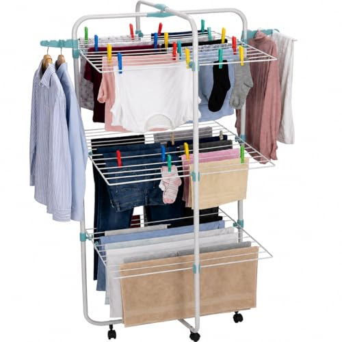 Mundo Home Tendedero Vertical Plegable 40M 4 Niveles con Ruedas 61×70×175cm - Tendedero de Pie Plegable de Acero para Interior y Exterior - Tenderetes de Ropa Plegables Que Ahorra Espacio y Tiempo