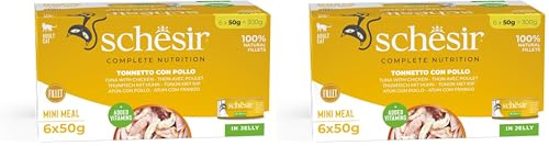 Schesir, Atún y Pollo en Gelatina, Alimento Húmedo para Gatos Adultos, en Lata, Filetes 100% Naturales, 6 x 50g (Paquete de 2)