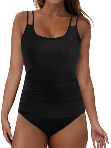 Bañador Manga Larga Mujer, Traje De Baño Push Up De Verano para Mujer Elegante Conjunto Tankini con Controlabdomen Color Liso Trajebaño con Volantes Top Sexyshortsbaño Trajebañodos Piezascintura