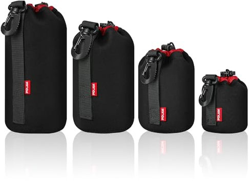 POLAM-FOTO Objektivtasche Set aus Neopren Objektivbeutel für Kamera Objektiv in 4 Größen, Multi Pack Objektivtaschen für Canon, Nikon, Tamron, Sigma, Pentax, Objektive, Schwarz/Rot