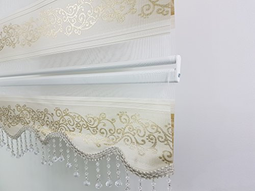 kskeskin Duo Rollo 80 cm x 200 cm Creme goldranken Doppelrollo mit Alukassette mit breiter Beschwerung und Perlen Volant