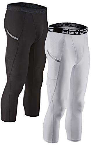 DEVOPS 2 Pack Men's 3/4 Compression Pants Athletic Leggings with Pocket (Medium, Black/White)