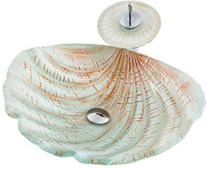 HomeLava Modern Glas Waschbecken Set Muschel Design Aufsatz Glaswaschbecken Aufsatzwaschbecken mit Wasserfall Wasserhahn und Ablaufgarnitur