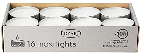 EDZARD 16 Stück Maxi Teelichter, Durchmesser 58 mm, weiß, ohne Duft, Aluminiumhülle, Brenndauer 10 Stunden