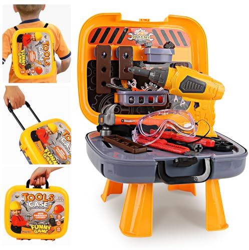 Hanmulee 45pc Kids DIY Tool Set - 4 In 1 Childrens Electric Drill, Pretend Play Tool Box for Age 3-7 Toddlers Boys