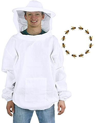 Beekeeping Suit Beekeeper Jacket with Protective Veil Large bee Clothing Suit Lightweight Beekeeper Pull Over Coat Smock for Men Women Professional Beginner Beekeepers,Unisex White
