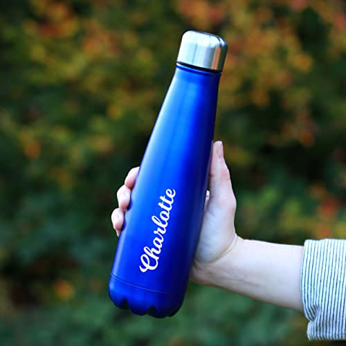 eBuyGB Personalised Stainless Steel Water Bottle, 630ml Reusable Metal Drinks Bottle - Unisex Custom Name - Use for School, Gym, Outdoor, Yoga & Sports (Blue)