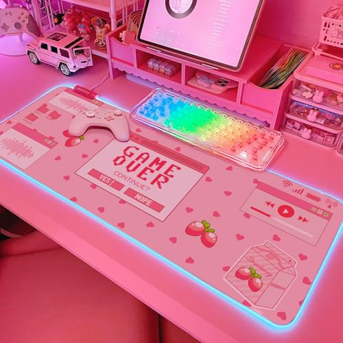 JMIYAV Gaming Over Kawaii RGB spelmusmatta LED utökad stor söt skrivbordsunderlägg halkfritt gummi XL rosa spelmusmatta stor musmatta rosa musmatta för spelare 800 x 300 mm