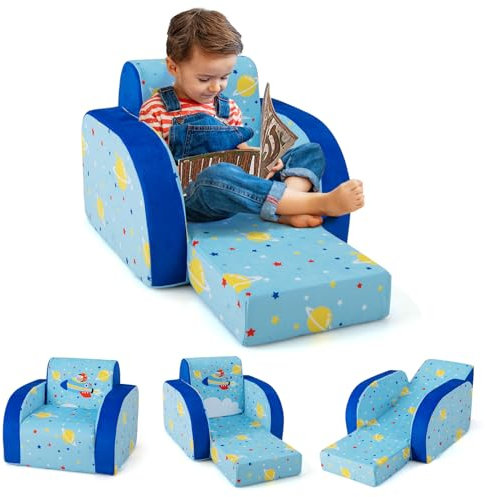 COSTWAY 3 in 1 Kindersofa Klappbar,Kindersessel gepolstert aus Samtstoff, Kinderschlafsofa mit Abnehmbarer Schutzhülle, Kindercouch für Kinder bis 5 Jahre (Raumschiff)