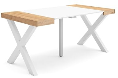 Skraut Home | Table Console Extensible | Console Meuble | 160 | pour 8 Personnes | Pieds Bois Massif | Style Moderne | Chêne et Blanc