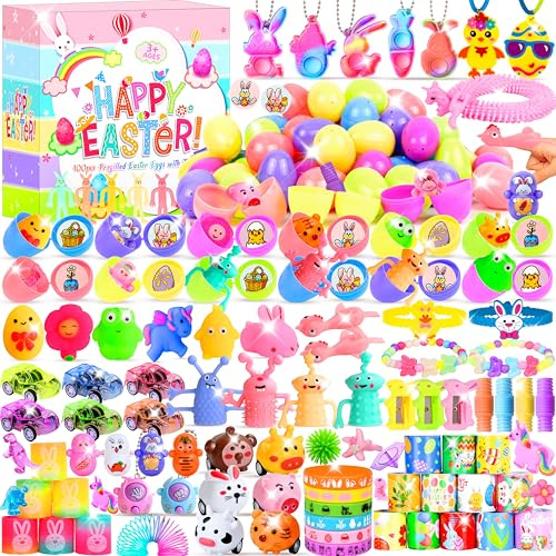 360 Pcs Prefilled Easter Egg Toys Set Include 120 Pastel Color Plastic Eggs Filled with 240 Assorted Mini Novelty Toys and Stickers for Easter Hunt Basket Stuffers, Party Favors for Kids Boys Girls
