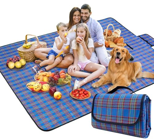 SOMIYAMI Tartan Picnic Blanket Waterproof, Garden Outdoor Camping Blanket, Beach Picnic Mat With Carrying Handle, Washable Multipurpose 150 x 200cm 150 x 200cm (Blue)