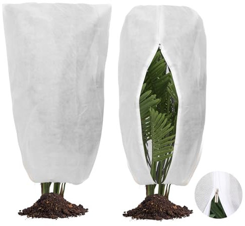 EILYGK Pflanzenschutz Winter, 2Pcs 80 x 120 cm Winterschutz für kübelpflanzen, Atmungsaktiv, Reißfest Vliesstoff,Kordelzug und Zugband Design, Frostschutz Pflanzen Winterschutz Draußen-Weiß