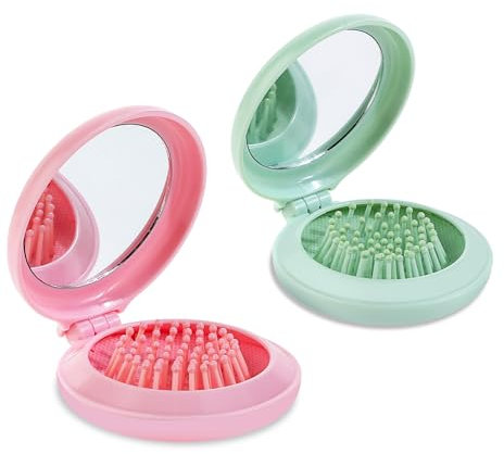 2 Stück Faltbare Haarbürsten Taschenbürste Mini Haarbürsten Kinder mit Reise Spiegel Runde Mini Faltbare Kamm Reisehaarbürste Haarmassagekamm Rundbürste Klein für Frauen Mädchen Kinder Rosa