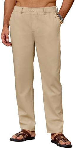 COOFANDY Pantaloni Lino Uomo Estate Pantaloni Leggeri Traspiranti Casual da Spiaggia Vacanza Calzoni Larghi con Elastico Coulisse Cachi M