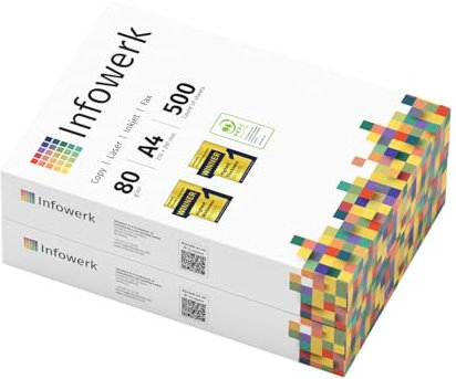 Infowerk Druckerpapier Kopierpapier 1000 Blatt 2 x 500 A4 80g Premium Hochweiß CIE 160 Testsieger PEFC Umweltzertifikat