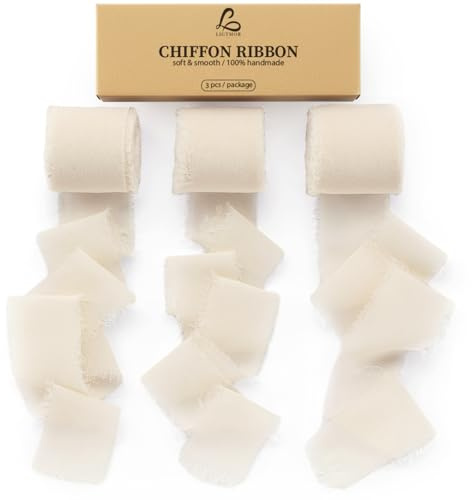 Ligtmor Chiffon Silk Ribbon 3 Rolls 1.5'' x 7 Yd Green & Cream, 1.5'' x 21 Yd Sage Green Ribbons Handmade Fringe for Wedding Invitations, Bridal Bouquets, Gift Wrapping, Holiday Decoration