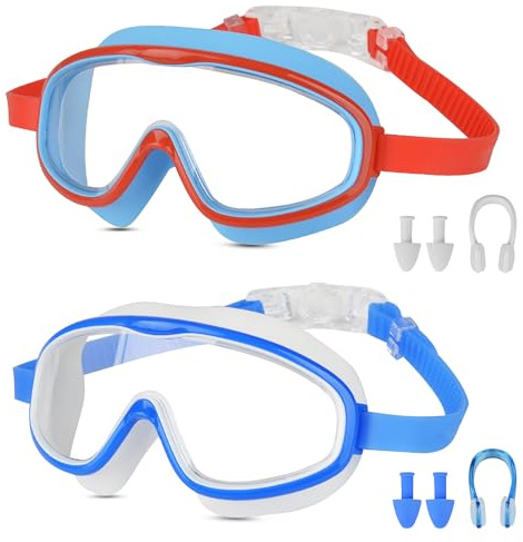 Moseem Lot de 2 paires de lunettes de natation pour enfants et adolescents de 3 à 15 ans, anti-buée, anti-UV, large vision, imperméables (bleu et bleu)
