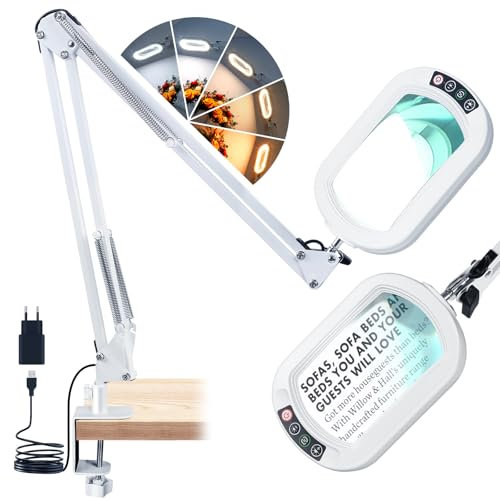 Veemagni 10X Lente di Ingrandimento Rettangolari con Luce e Morsetto, 2 x 16 Pollici con Braccio Girevole, 5 Modalità di Colore Dimmerabile, Mani Libere Lente Ingrandimento per Lettura Pittura -Bianco