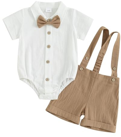 Himllauen Infant Baby Boy Summer Gentleman Outfit Solid Color Short Sleeve Lapel Neck Shirt Romper + Stripe Suspender Shorts + Bowtie for Newborn Toddler Boys (Khaki A, 3-6 Months)