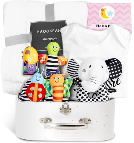 Cesta de Regalo para Recién Nacidos, Baby Gifts for Birth, Regalo de Bebé Recién Nacido con Manta de Seguridad, Pelele, Tarjetas de Felicitación, Sonajeros, Calcetines de Duende y Pulsera de Duende