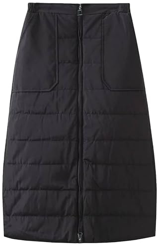 Shiyifa Womens Quilted Puffer Skirt Winter Insulated Down Long Skirt Warm Zip Front Padded Skirt with Pockets(Black-S)