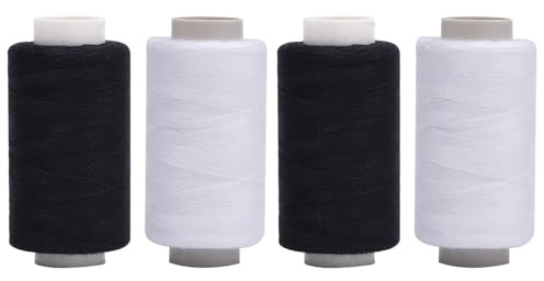 Filo da cucire, in bianco e nero, 4 bobine da 350 m, filo di poliestere di alta qualità, per macchina da cucire e cucire a mano, perfetto per abbigliamento, lingerie e sport, liscio, resistente e