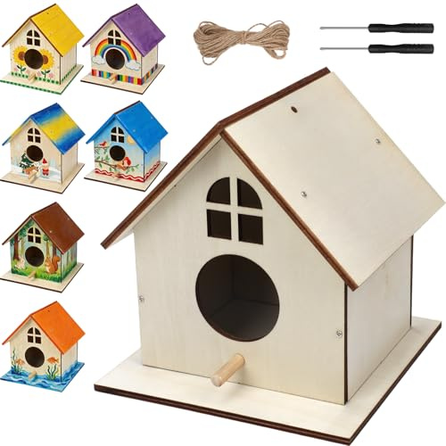 Entallor 6 Pack Wooden DIY Birdhouse Kit for Kids Adults, Thickened Double-Layer Wood with Screwdrivers, Nails, Ropes, Easy Build & Paint Arts and Crafts Set for Backyard Garden Bird Watching