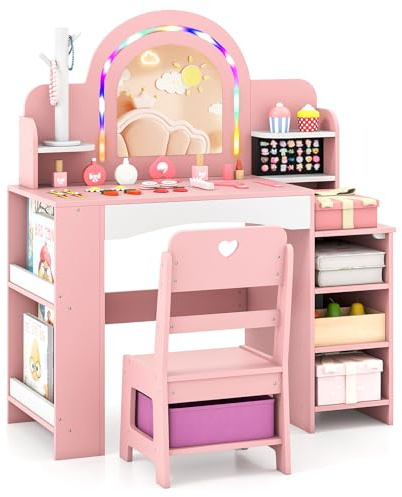 COSTWAY Kids Vanity Set, Girls Dressing Table with Lights Mirror | Bookshelf, Drawers, Jewelry Storage, Compartments, Wooden Makeup Table and Chair Set