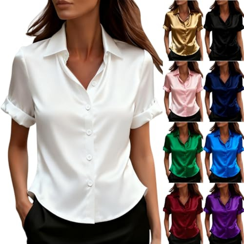 Bianco Camicetta Donna Elegante in Raso Lucido Camicetta Donna Elegante in Raso Blusa Casual Comoda per Tutti i Giorni Ideale per Ufficio e Serate Top Tempo Libero Formali Moda 2026 Tagile M