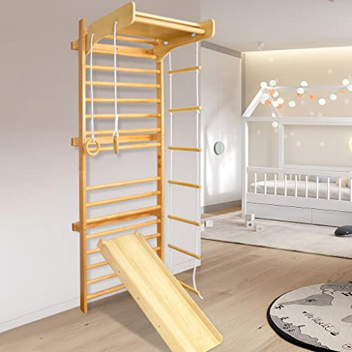 Yunvin Multifunctional Gymnastics Swedish Ladder with Pull-Up Bar, Wall-Mounted Wooden Wall & Slide Set Includes Slide Board Rings & Rope Ladder, Fitness Equipment for Adults & Kids
