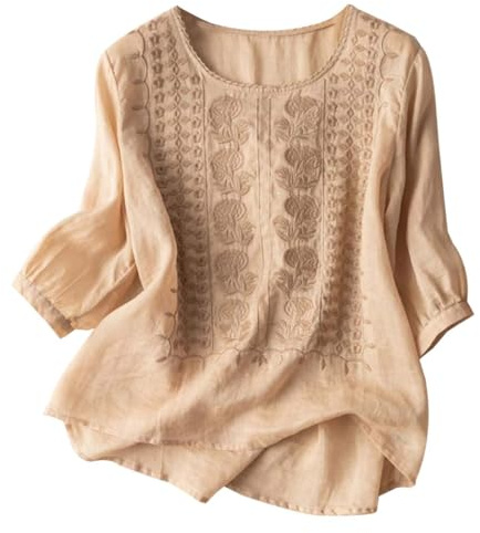 Camisa Mujer de Lino Algodón 3/4 Manga Corta Camisa Verano Escote Redondo con Bordados Florales Camiseta Blusa Ligero y Transpirable Cómodo Blusas Basicas Elegantes de Oficina y Ocio S-3XL