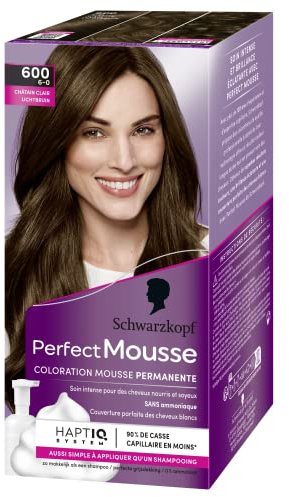 Schwarzkopf - Perfect Mousse - Coloration Cheveux - Mousse Permanente sans Ammoniaque - Masque Soin 96 % d'ingrédients d'origine naturelle - Châtain Clair 600, 1 Unité (Lot de 1)