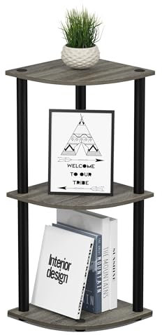 Furinno kompaktes Eck-Mehrzweck-Regal mit 3 Ebenen, holz, Französische Eiche Grau/Schwarz, 29.46 x 29.46 x 75.18 cm