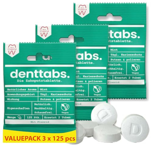 DENTTABS Tandborsttabletter 375 st, mint med fluor, vegansk och plastfri, 6 månaders lager | skonsam rengöring och hållbar vård