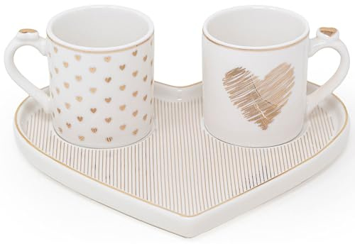 NAMAI - Set di 2 Tazzine Caffè con Vassoio a Forma di Cuore, 17,5x15,5x6h CM, New Bone China, Adatte in Lavastoviglie e Microonde, Regalo Coppia (Righe)