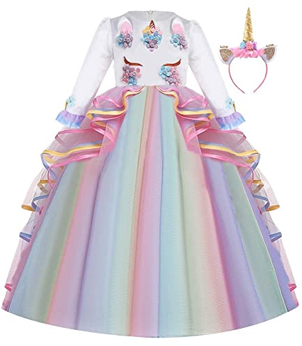 HIHCBF Girls Unicorn Birthday Princess Long Sleeve Wedding Pageant Party Maxi Dress Halloween Carnival Costume w/Headband Multicolored 4-5T