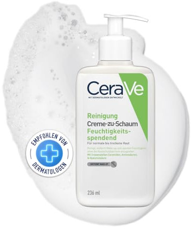 CeraVe Creme-zu-Schaum Reinigung, Feuchtigkeitsspendende Reinigungscreme, Für normale bis trockene Haut, Entfernt Schmutz und Make-up, Mit Hyaluron und Ceramiden, 236 ml