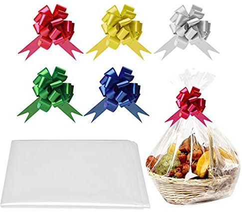 5 Pcs Large Cellophane Wrap for Hampers,5pcs Pull Bows for Hampers, Celefane Gift Wrap for Hampers Bags XL Cellophane Bags for Hampers Hamper Plastic Wrap Hamper Baskets for Gifts Kit