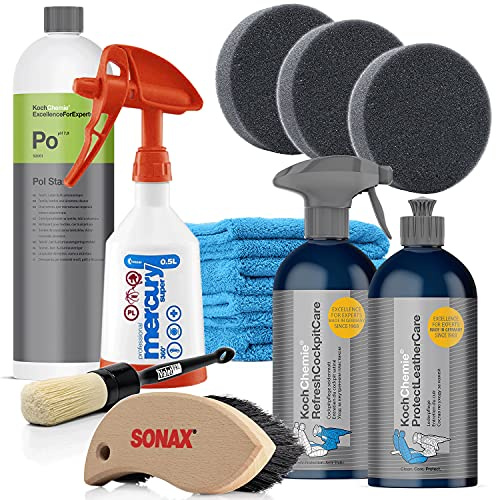 detailmate Koch Chemie Pol Star 1L detergente per tessuti+500 ml per la cura della pelle e per la cura dell'abitacolo opaco–con flacone spray, pennello, 4 panni in microfibra, 3 tamponi applicatori