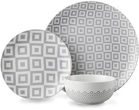 12 Piece GEO Plate Set/Plate and Bowl Set for 4 / 4X Dinner Plates, 4X Side Plates, 4X Bowls/Microwave/Dishwasher Safe/High Grade Porcelain