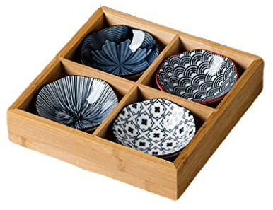 Juego de 4 cuencos de cerámica para servir con plato de bambú, ideal para tapas, antipasti, sushi, raclette o fondue (GB6014)