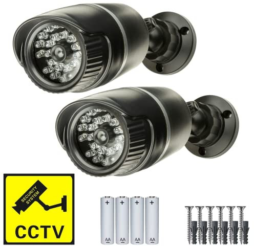 Defender Decoy CCTV Camera 25 RED LEDs - Fake Outdoor Waterproof Security Camera - Fake CCTV Dummy Camera + FREE CCTV Sign Batteries Included (2 x Pack)
