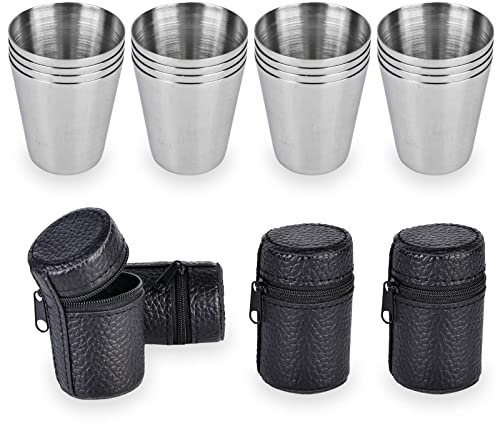Vaso Chupito Acero, Vasos de Chupito de Acero Inoxidable, 16 PCS Vasos Acero Inoxidable con 4 Fundas de Viaje, Vasos de Camping, 30ml Vasos de Acero Inoxidable para Camping Picnic Viajar Reutilizable