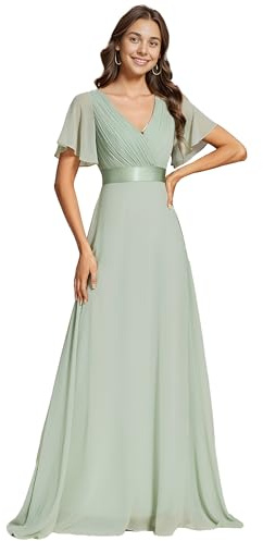 Ever-Pretty Robe De Soirée Style Long Manches Volantées Col en V Jupe Trapèze Robe Femme Chic Et Elegant Verte Menthe 48